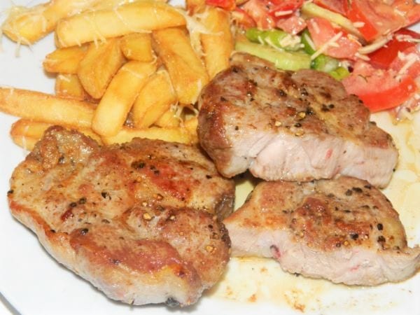 Pork Steak-With Fries, Salads and Garlic Sauce