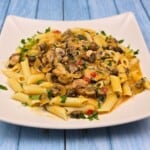Chicken Stew With Mushrooms Served on White Plate With Penne Pasta
