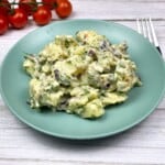 Potato Salad Mayonnaise Sour Cream Served on Green Plate With Cherry