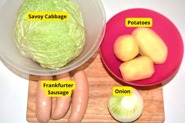 Ingredients Savoy Cabbage Soup with Frankfurters Ingredients on the Table