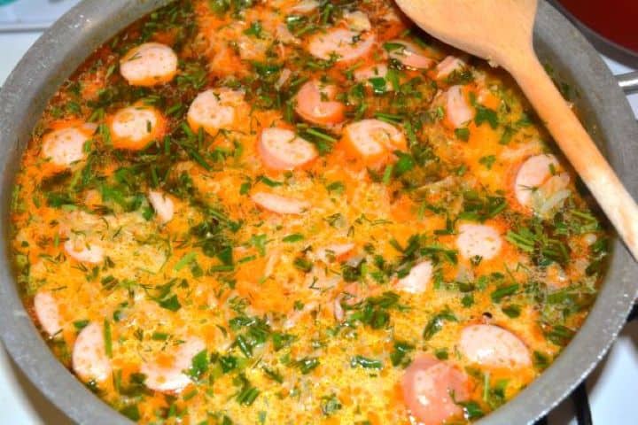 Ready Savoy Cabbage Soup with Frankfurters Ready to Serve in the Pot
