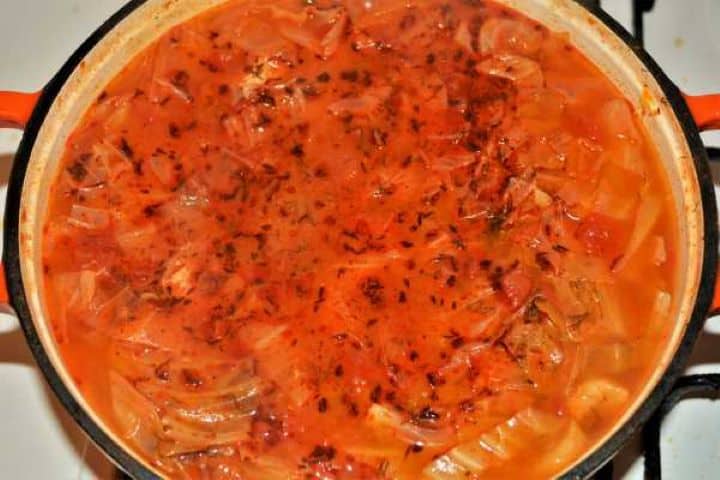 Cabbage Soup With Pork Meat-Ready to Serve A large pot of freshly cooked Hungarian cabbage soup with pork meat steaming and ready to serve.