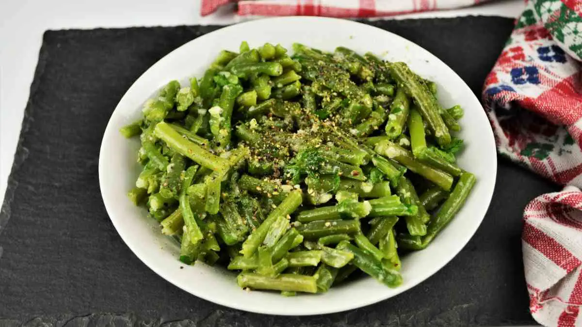 Green Bean Salad With Garlic Cream-Served in Bowl With Ground Pepper on Top