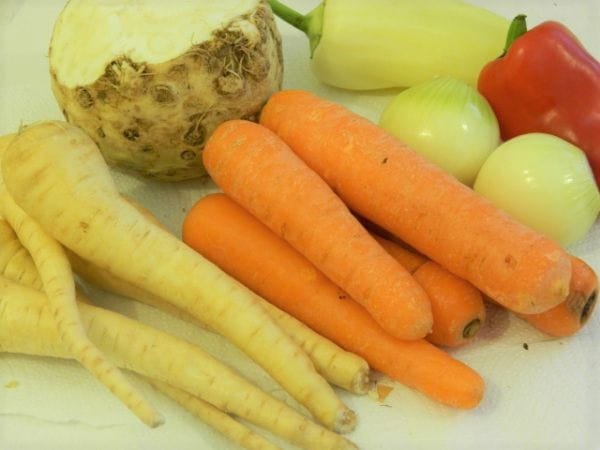 Roots of parsley, carrots, onions, sweet peppers and celery root