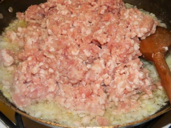 Cabbage Casserole Recipe-Pork Mince on the Frying Chopped Onion Pork Mince on Fried Onion