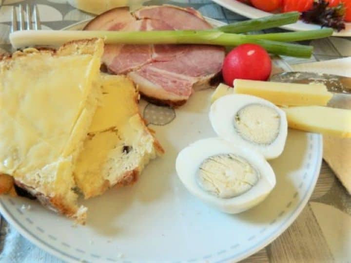 Sweet Bread-Easter Breakfast with Sweet Bread, Smoked Ham and Hard Boiled Eggs. Transylvanian Easter Breakfast