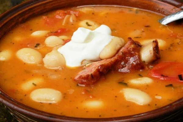 White Bean Soup With Smoked Ribs-Served in Bowl With Sour Cream