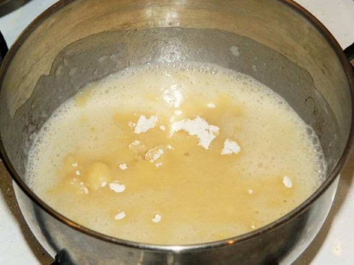 Fried wheat flour The flour and oil roux mixture toasted to a perfect light golden brown color in a saucepan.