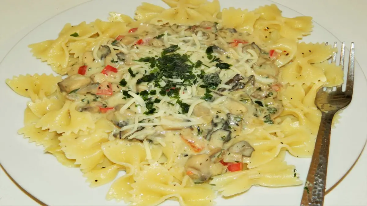Creamy Mushrooms Pasta Recipe-Served On Plate With Pasta
