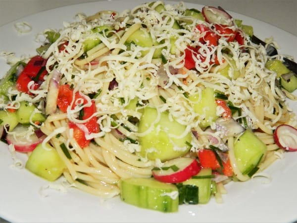 Best Spaghetti Salad Recipe-Served on Plate With Grated Cheddar on the Top Best Spaghetti Salad Recipe-Served on Plate With Grated Cheddar on the Top