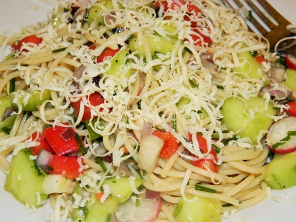 Best Spaghetti Salad Recipe-Served on the Plate With Grated Cheddar on the Top Best Spaghetti Salad Recipe-Served on the Plate With Grated Cheddar on the Top