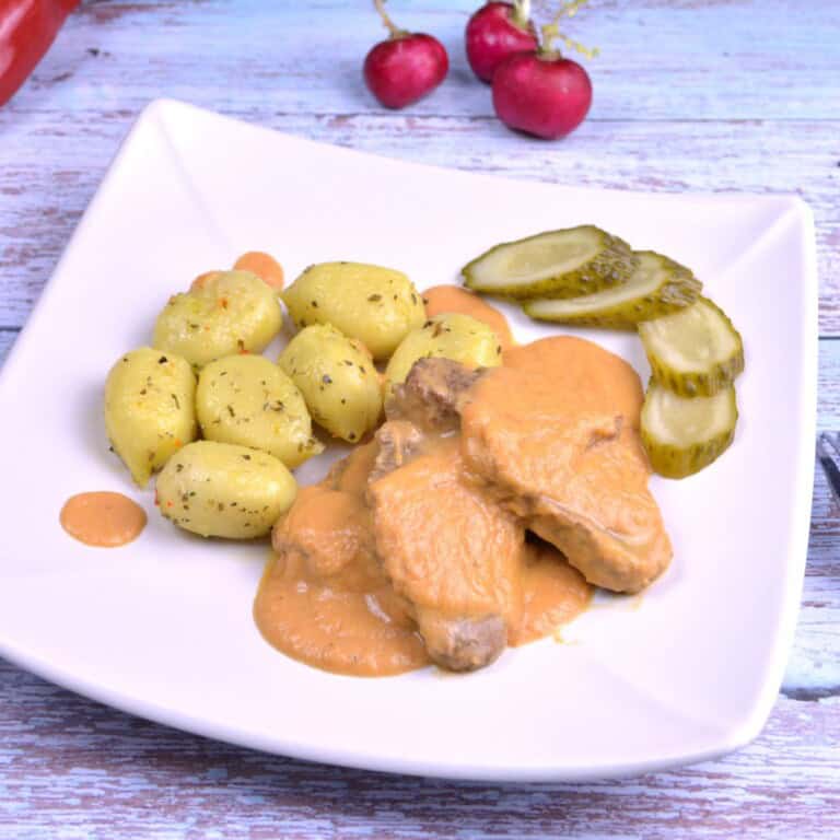 Hungarian Hunter's Stew Recipe Served on Plate With Gnocchi