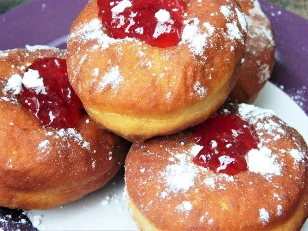 Perfect Yeast Doughnuts-Served on Plate With Strawberry Jam on Top