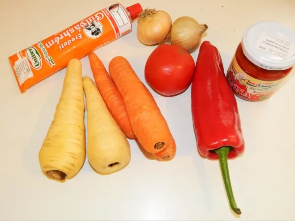 Traditional Hungarian Goulash Recipe-Carrots, Parsley Roots, Onions, Pepper, Tomato, Gulyas Paste and Sweet Paprika Paste
