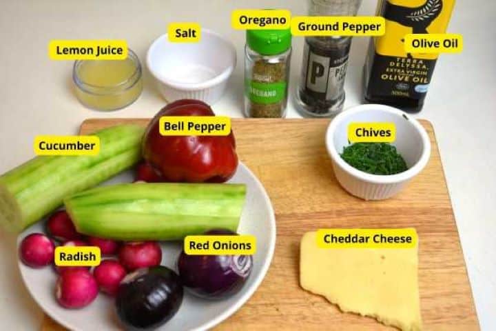 Best Spaghetti Salad Recipe-Red Onions, Bell Pepper and Red Radish Fresh, raw ingredients for a fridge-clearing pasta salad, including a bell pepper, cucumber, radishes, red onions, and cheddar cheese.