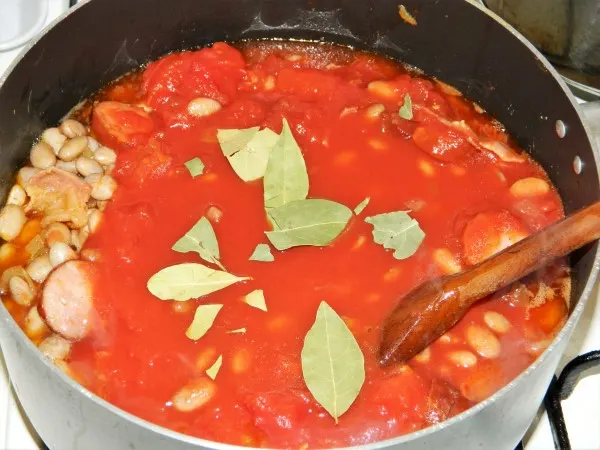 Chorizo Sausage and Beans Casserole-Bay Leaves and Tomatoes Paste on the Bean Stew