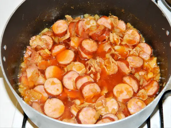 Chorizo Sausage and Beans Casserole-Frying Chorizo Sausage, Bacon and Onion