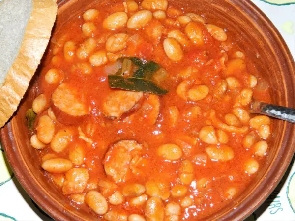Chorizo Sausage and Beans Casserole-Served in Bowl With Fresh Bread
