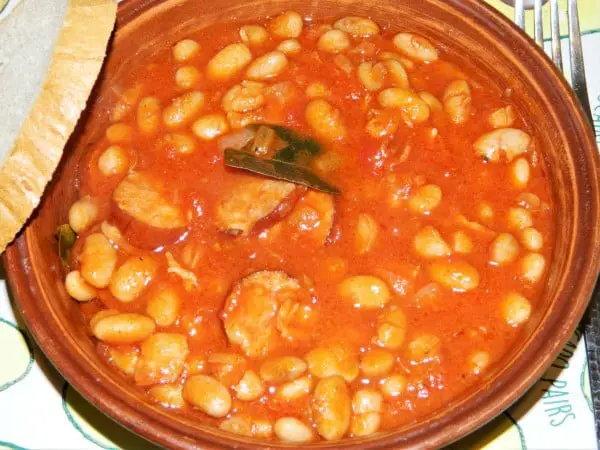 Chorizo Sausage and Beans Casserole-Served in Bowl With Bread