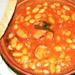 Chorizo Sausage and Beans Casserole-Served in Bowl With Bread