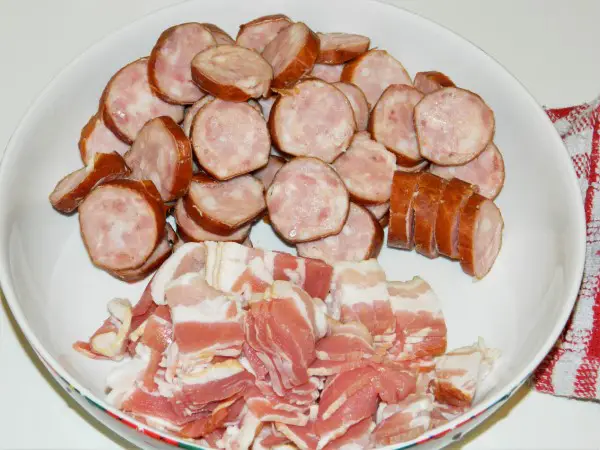 Chorizo Sausage and Beans Casserole-Sliced Sausage and Cut Bacon