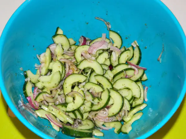 The Best Greek Salad Recipe-Cucumber and Onions in Dressing