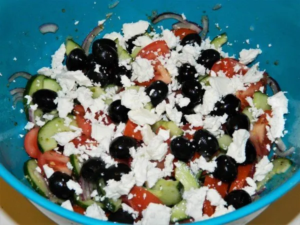 The Best Greek Salad Recipe-Feta Cheese, Olives, Tomatoes, Cucumber and Onion in Greek Salad