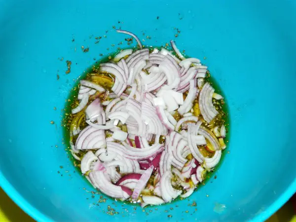 The Best Greek Salad Recipe-Sliced Onion in Salad Dressing
