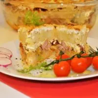 Best Cheesy Potato Casserole Recipe-Served on Plate With Cherry