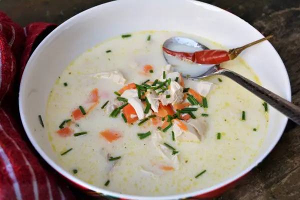 Best Creamy Chicken Soup Recipe-Served in Bowl With Chilli