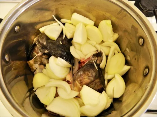 Best Fish Soup Recipe-Sliced Onions Over the Carp Fish Head and Tail in a Soup Pot