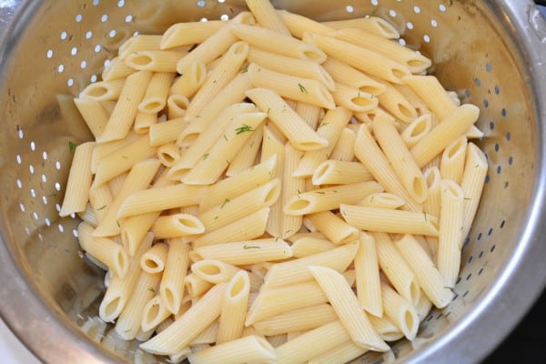 Easy Cold Pasta Salad Recipe-Boiled Penne Paste in Colander