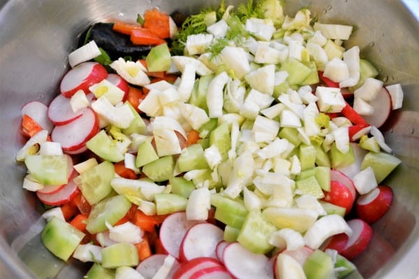 Easy Cold Pasta Salad Recipe-Green and Chopped Vegetables in the Bowl