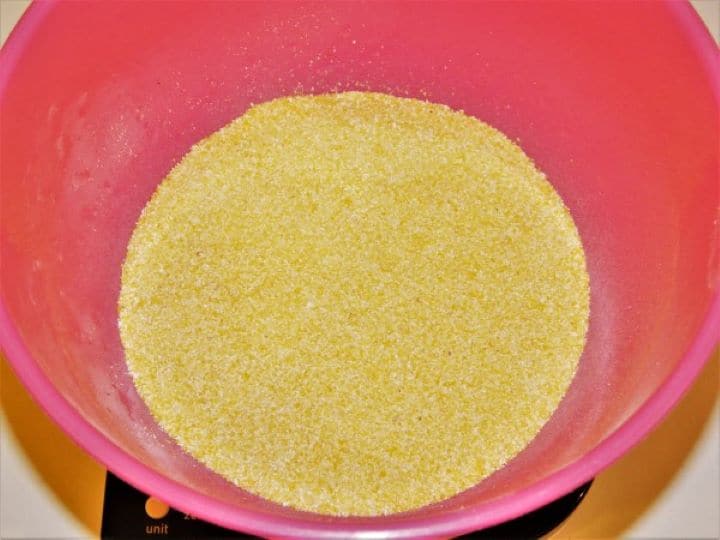 Best Sweet Cornbread Recipe in a World-Cornmeal Fine yellow cornmeal in a bowl for sweet cornbread.