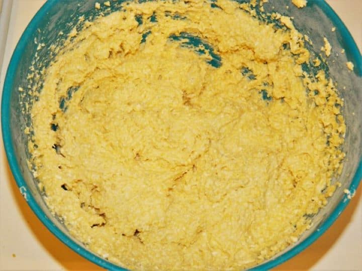 Sweet cornmeal batter mixed with cottage cheese and flour.