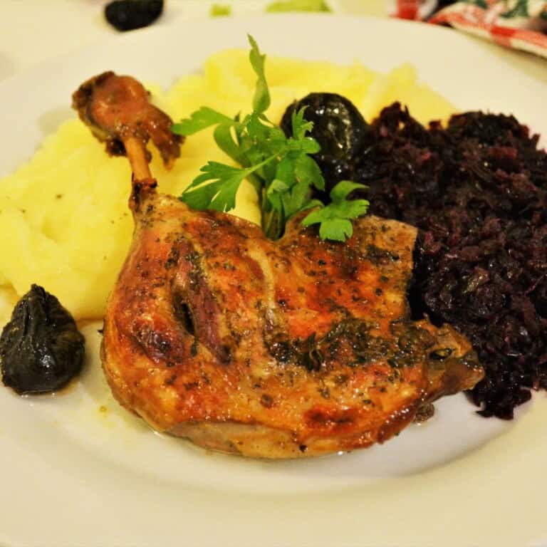 Best Braised Duck Legs Recipe Served With Mashed Potatoes and Sauteed Red Cabbage