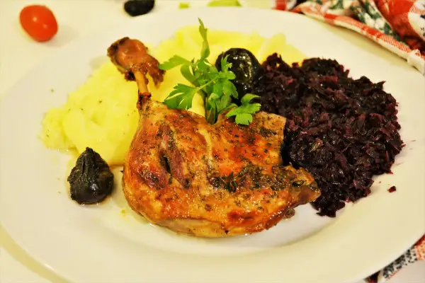 Best Braised Duck Legs Recipe-Served With Mashed Potatoes,Sauteed Red Cabbage and Prunes