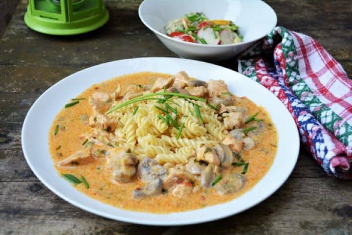 Best Turkey Stew Recipe-Served on Plate With Paste and Summer Salad Best Turkey Stew Served on White Plate With Fusilli Pasta