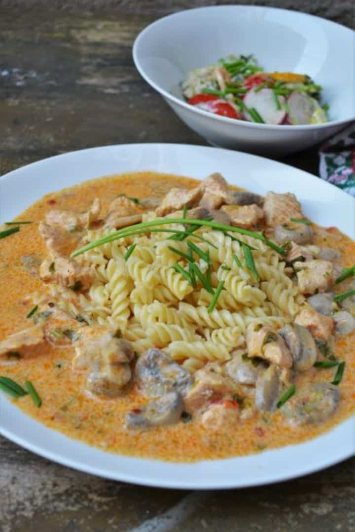 Plated Hungarian creamy turkey stew with mushrooms served hot over a bed of yellow fusilli pasta and garnished with fresh green parsley.