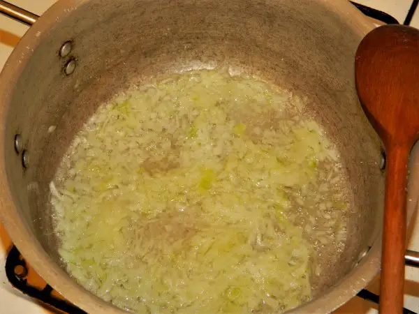 Creamy Kohlrabi Soup Recipe-Frying Grated Onion in Soup Pot