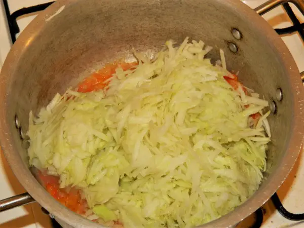 Creamy Kohlrabi Soup Recipe-Kohlrabi on Fried Grated Onion and Kapia Pepper in Soup Pot