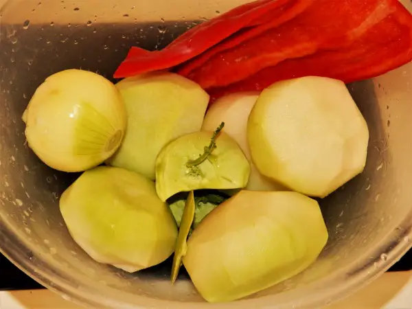 Creamy Kohlrabi Soup Recipe-Washed and Peeled Kohlrabi, Onion and Kapia Pepper