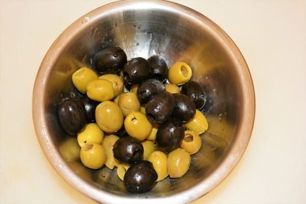Grilled Apricot Salad Recipe-Black and Green Olives in the Bowl