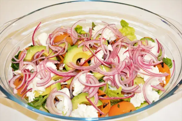 Grilled Apricot Salad Recipe-Onion, Mozzarella, Avocado, Apricots and Gem Lettuce in the Bowl