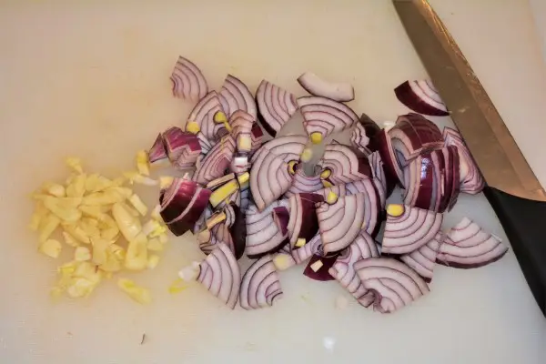 World Best Ratatouille Recipe-Sliced Onions and Chopped Garlic