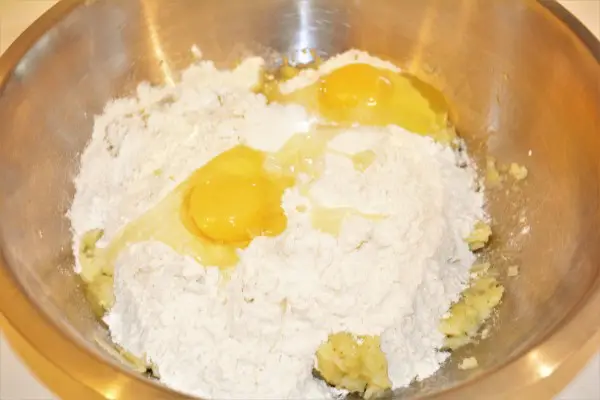 Best Plum Dumplings Recipe-Wheat Flour, Eggs and Mashed Potatoes in Bowl