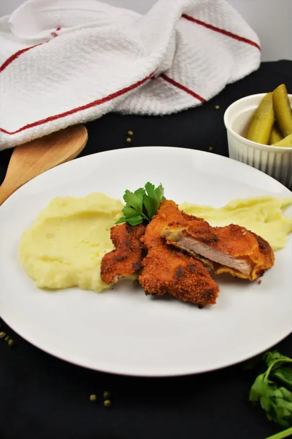Fried Breaded Pork Chops Recipe-Served With Mashed Potatoes and Pickled Cucumber