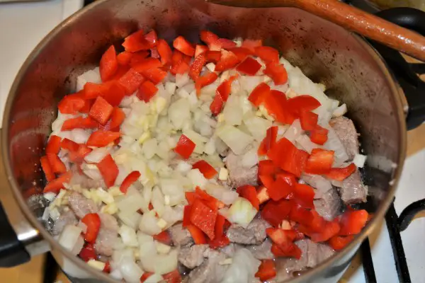 Simple Pork Tenderloin Stew Recipe-Chopped Vegetables on Fried Meat