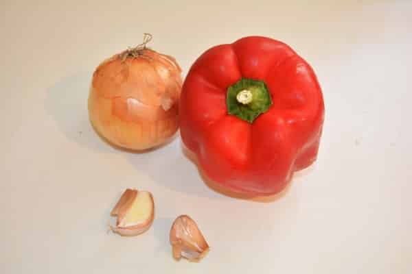 Simple Pork Tenderloin Stew Recipe-Red Bell Pepper, Onion and Garlic Cloves