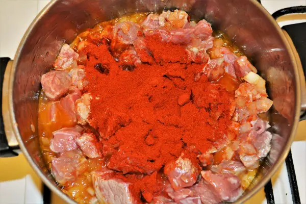 Beef and Cabbage Stew Recipe-Sweet Paprika Powder on Frying Beef Cut